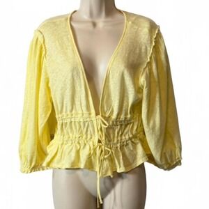 Free People Yellow Linen Blend Tie Front Top